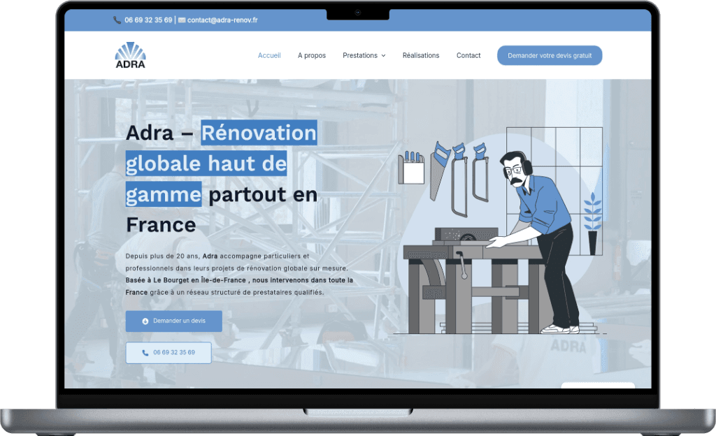 Laptop affichant le site Adra Renov